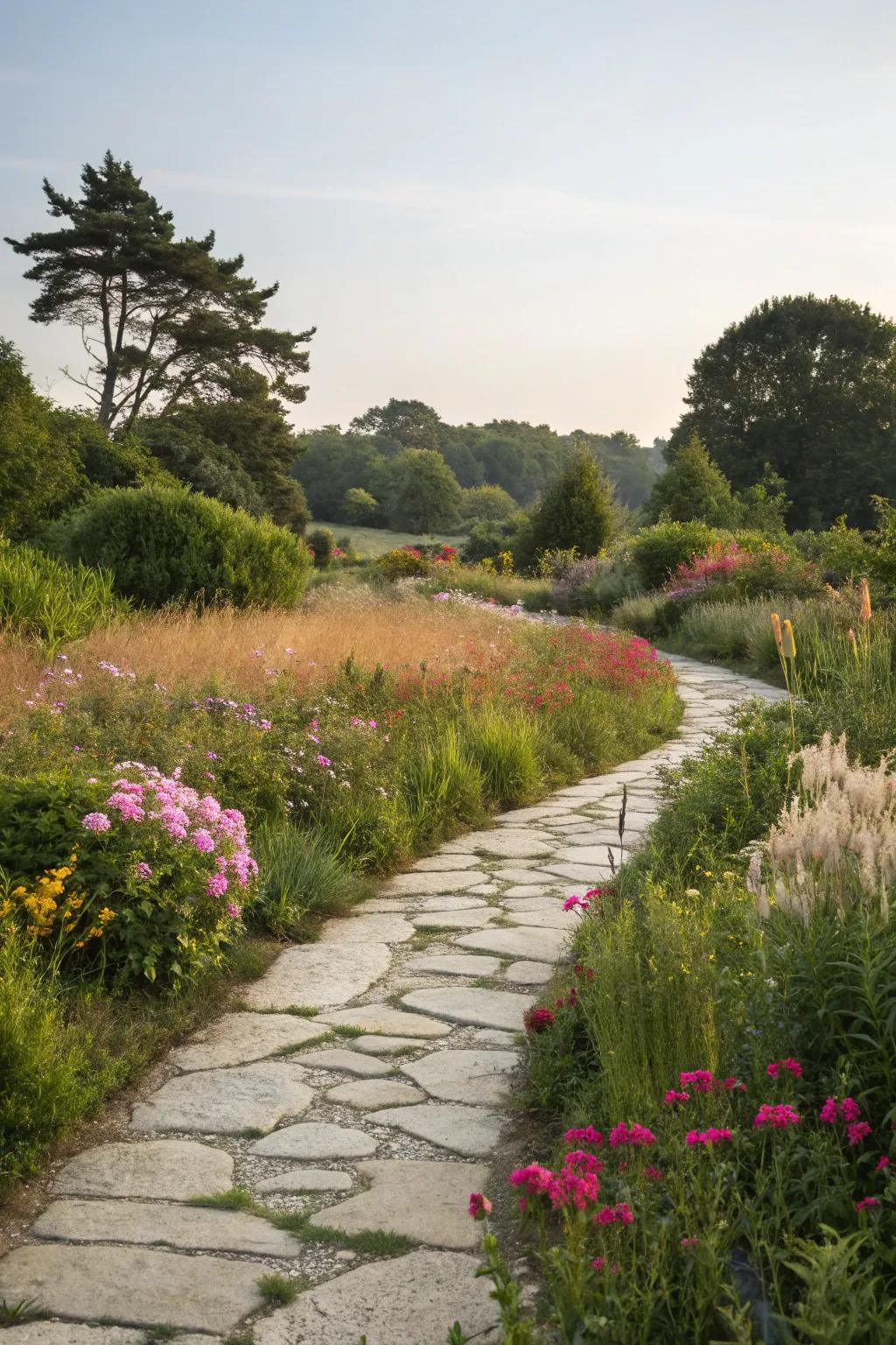 Winding stone pathways blend seamlessly into the garden landscape.