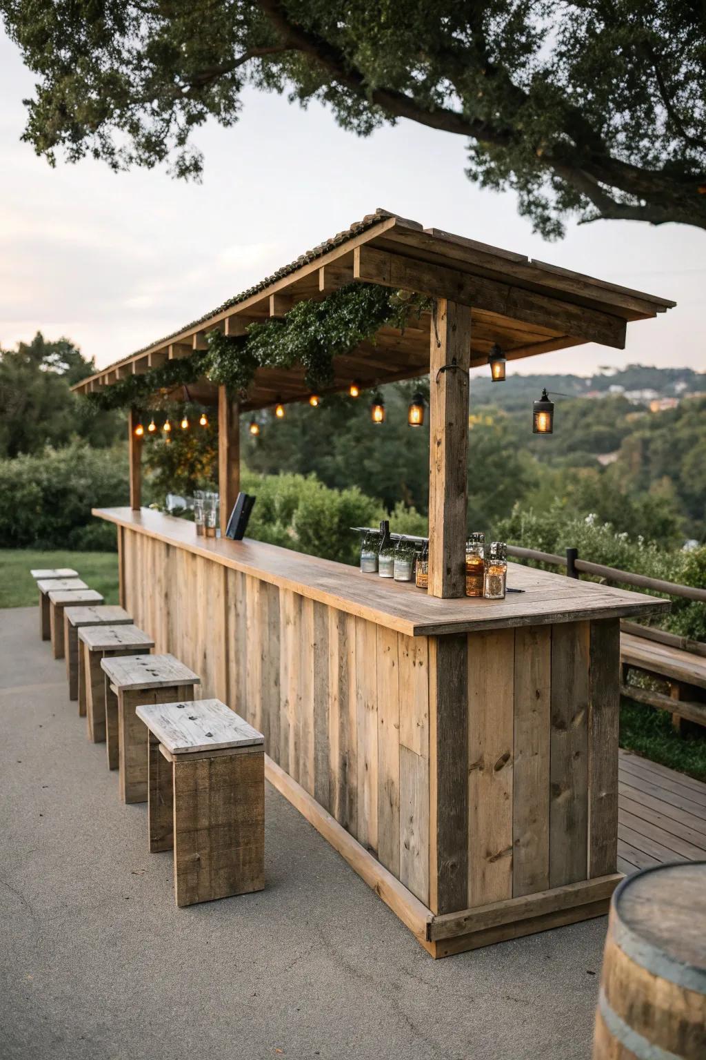 A rustic bar crafted from reclaimed wood, perfect for adding character to your backyard.