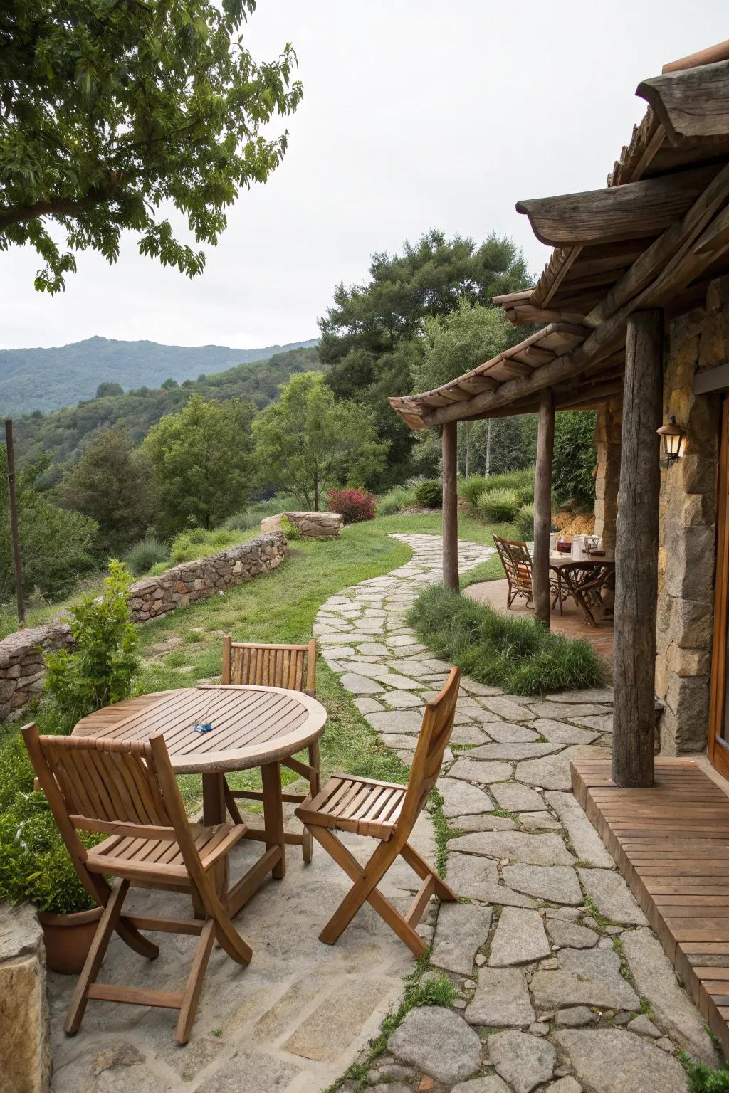 Wooden furniture and stone pathways create a natural, rustic look.