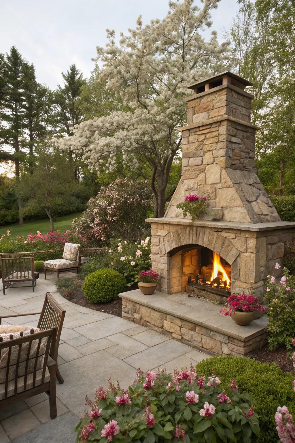 A natural stone fireplace complements the surrounding garden, offering a rustic aesthetic.