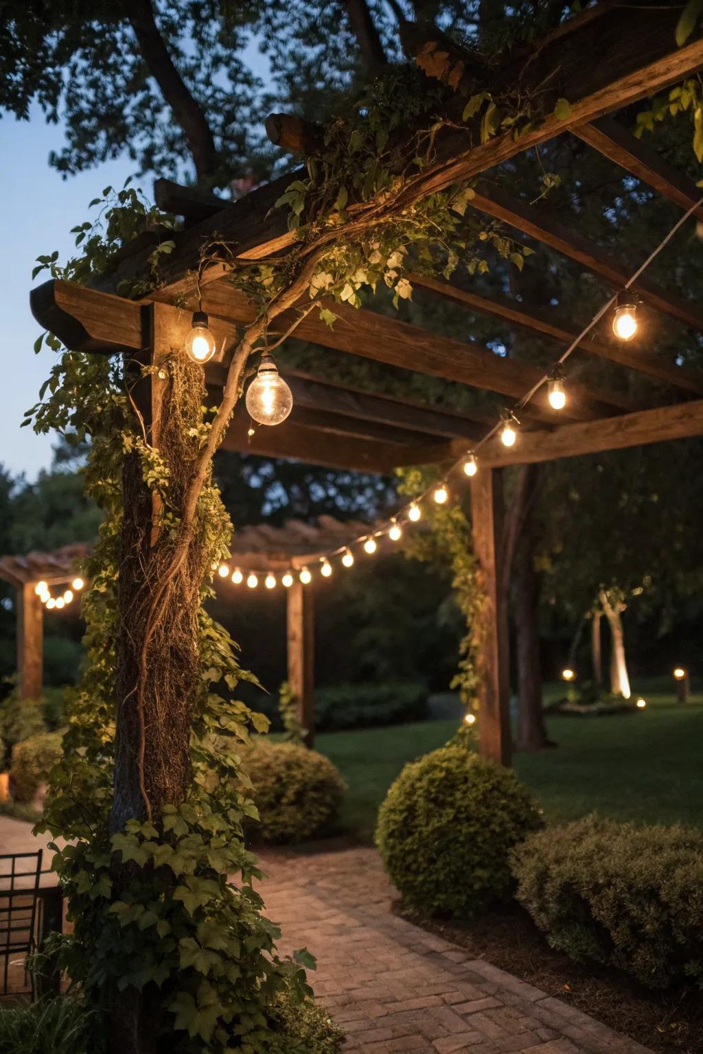 String lights casting a magical glow over a rustic pergola.