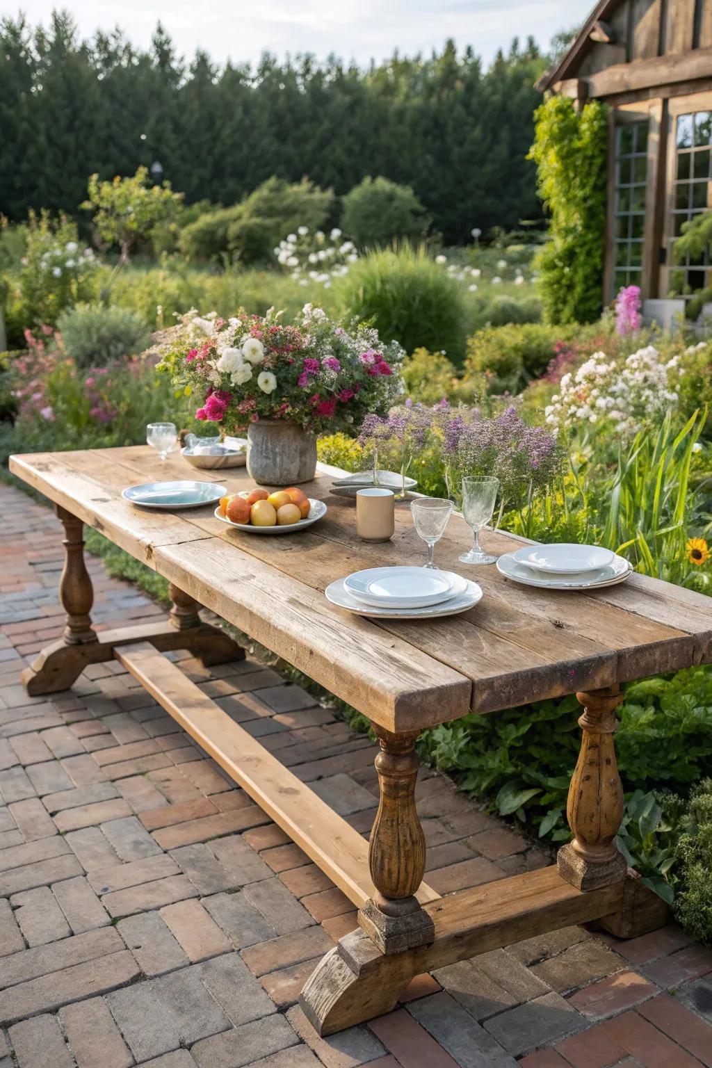 A classic farmhouse table with chunky wooden legs, perfect for rustic outdoor settings.
