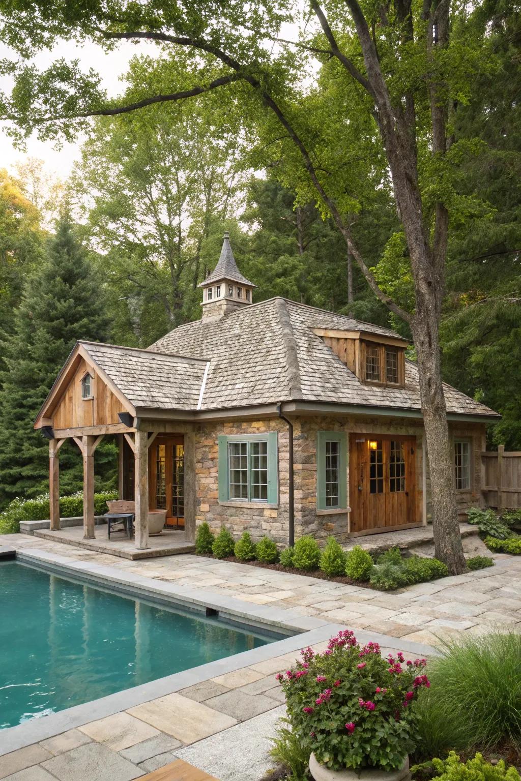 Wood and stone elements create a warm, inviting pool house.