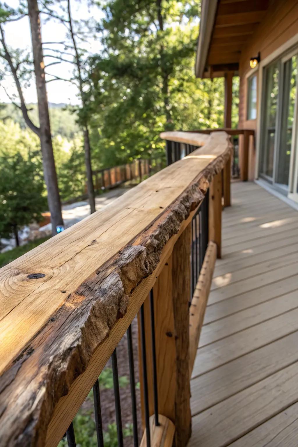 A live edge wood railing showcases the raw beauty and unique character of natural timber.