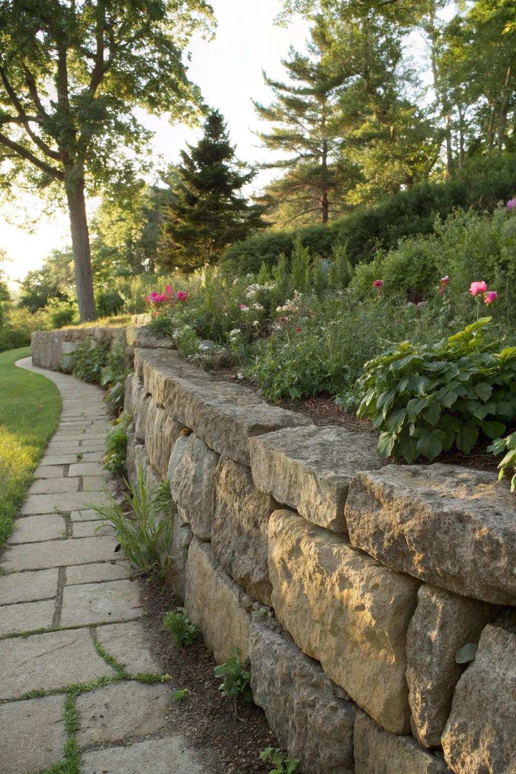 Timeless elegance with a natural stone retaining wall.