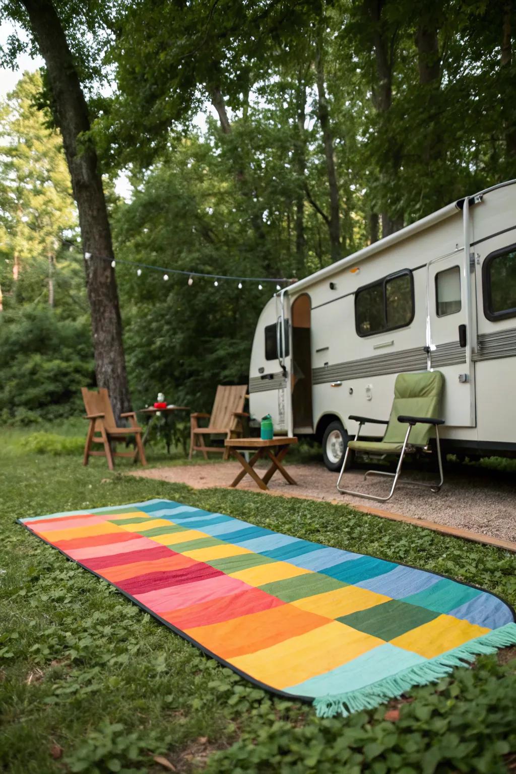 A campsite mat adds style and keeps dirt at bay.