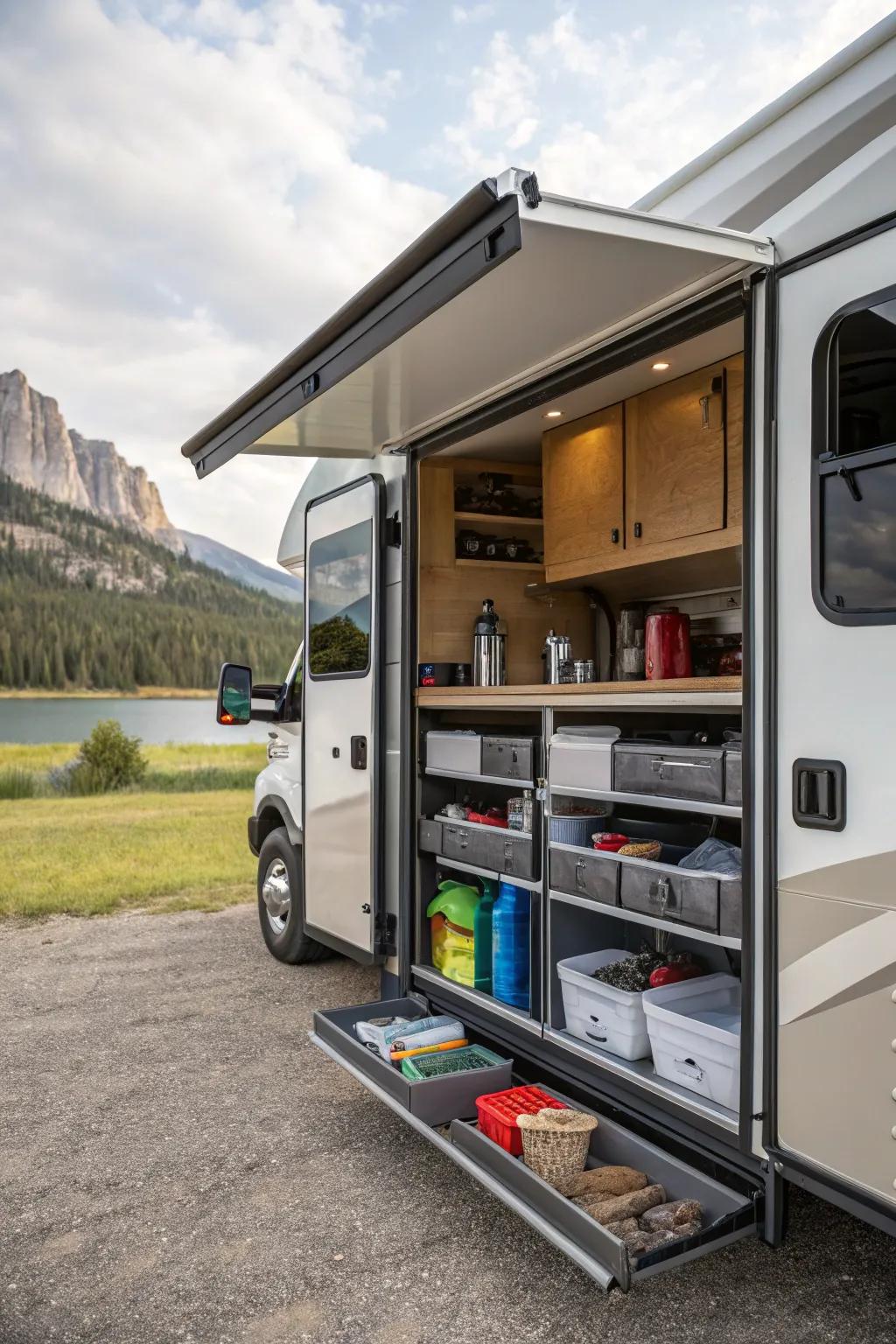 Slide-out compartments offer easy access to stored items.