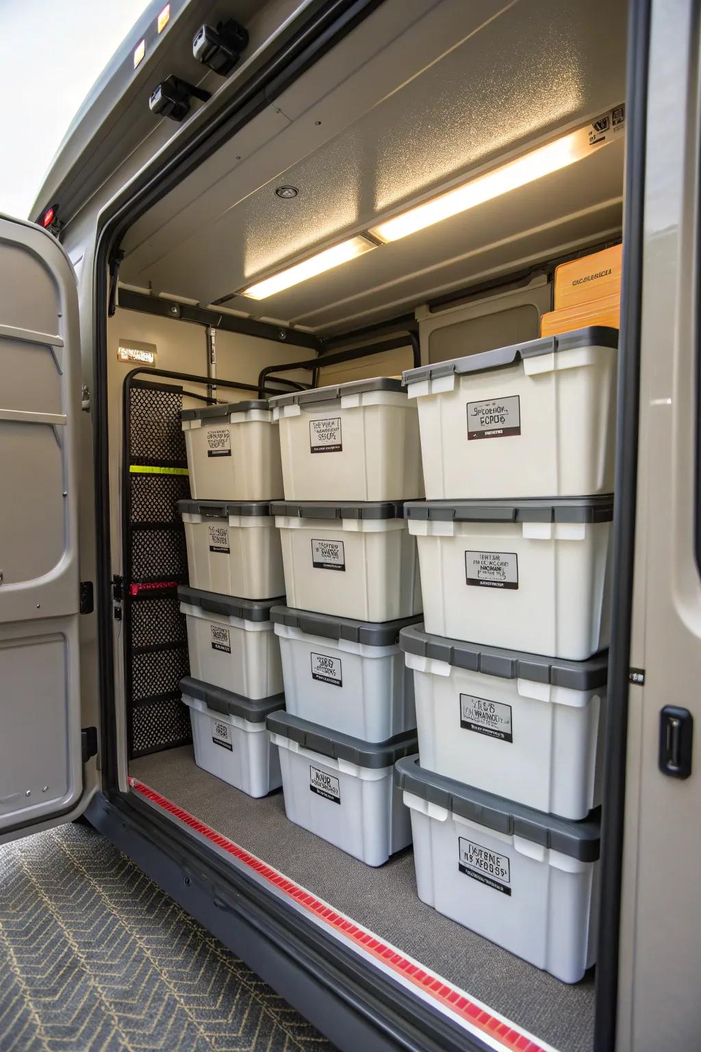 Stackable bins keep RV hoses organized and easy to find.
