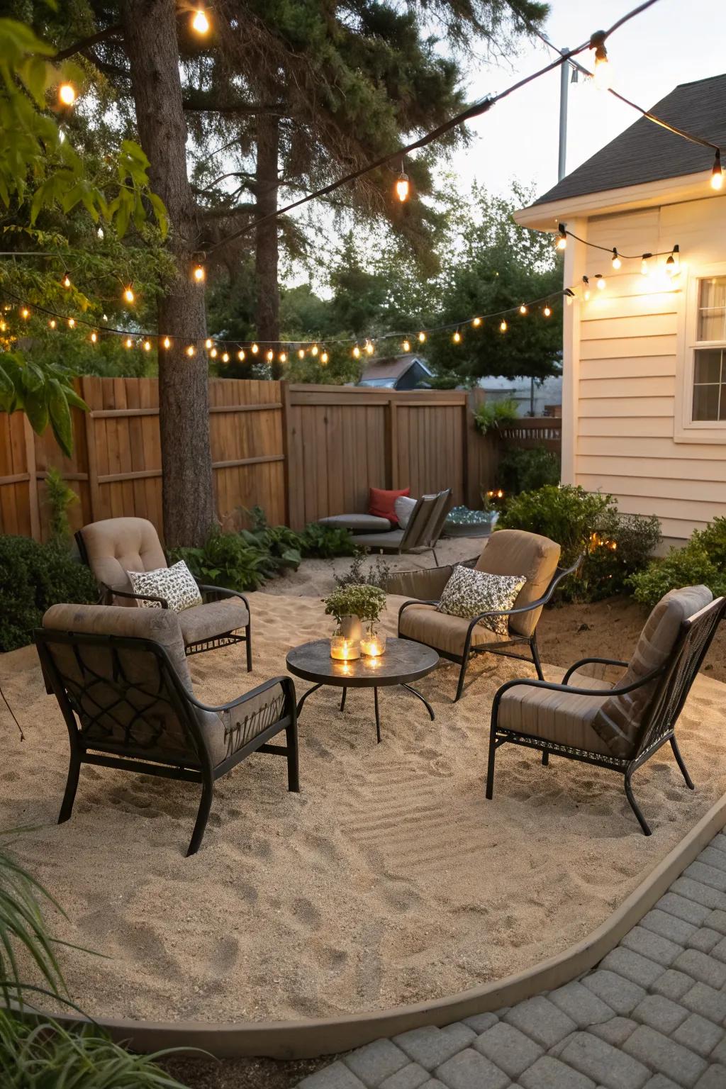 Create a cozy nook with sand and comfortable seating.