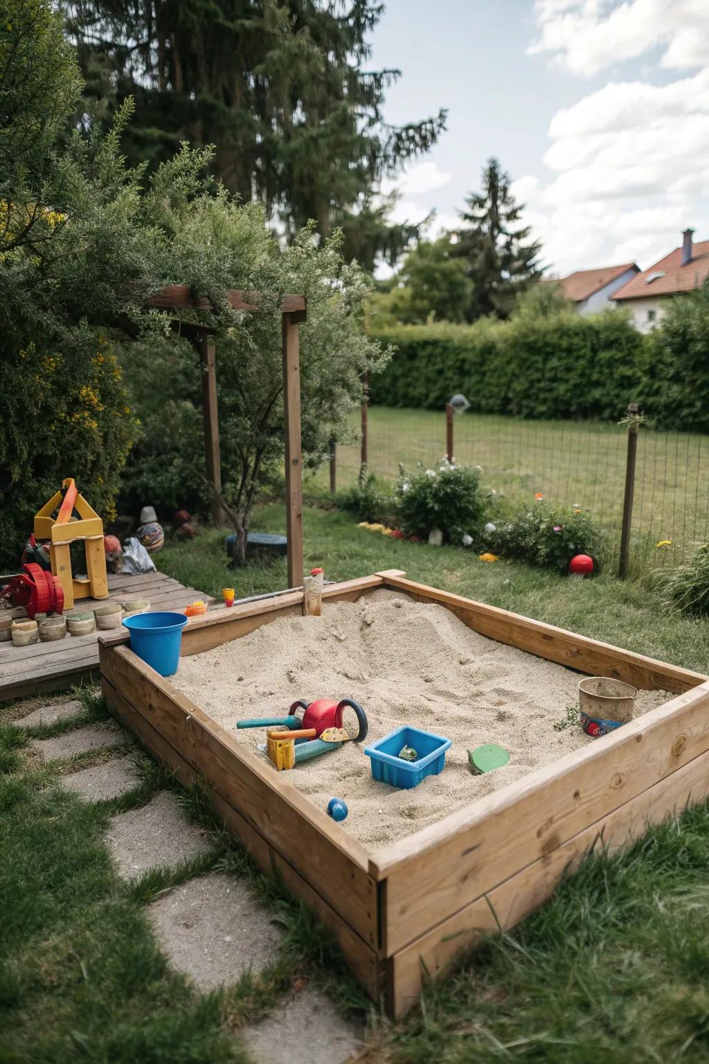 A DIY wooden sand pit nestled within a lush backyard.