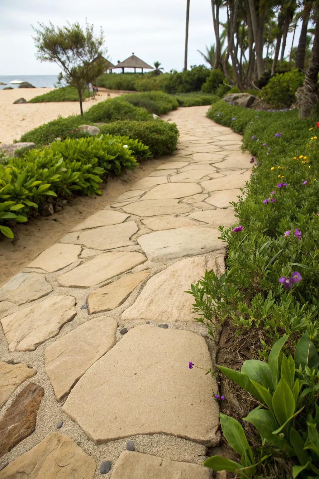 Sand walkway accented with natural stone pavers.