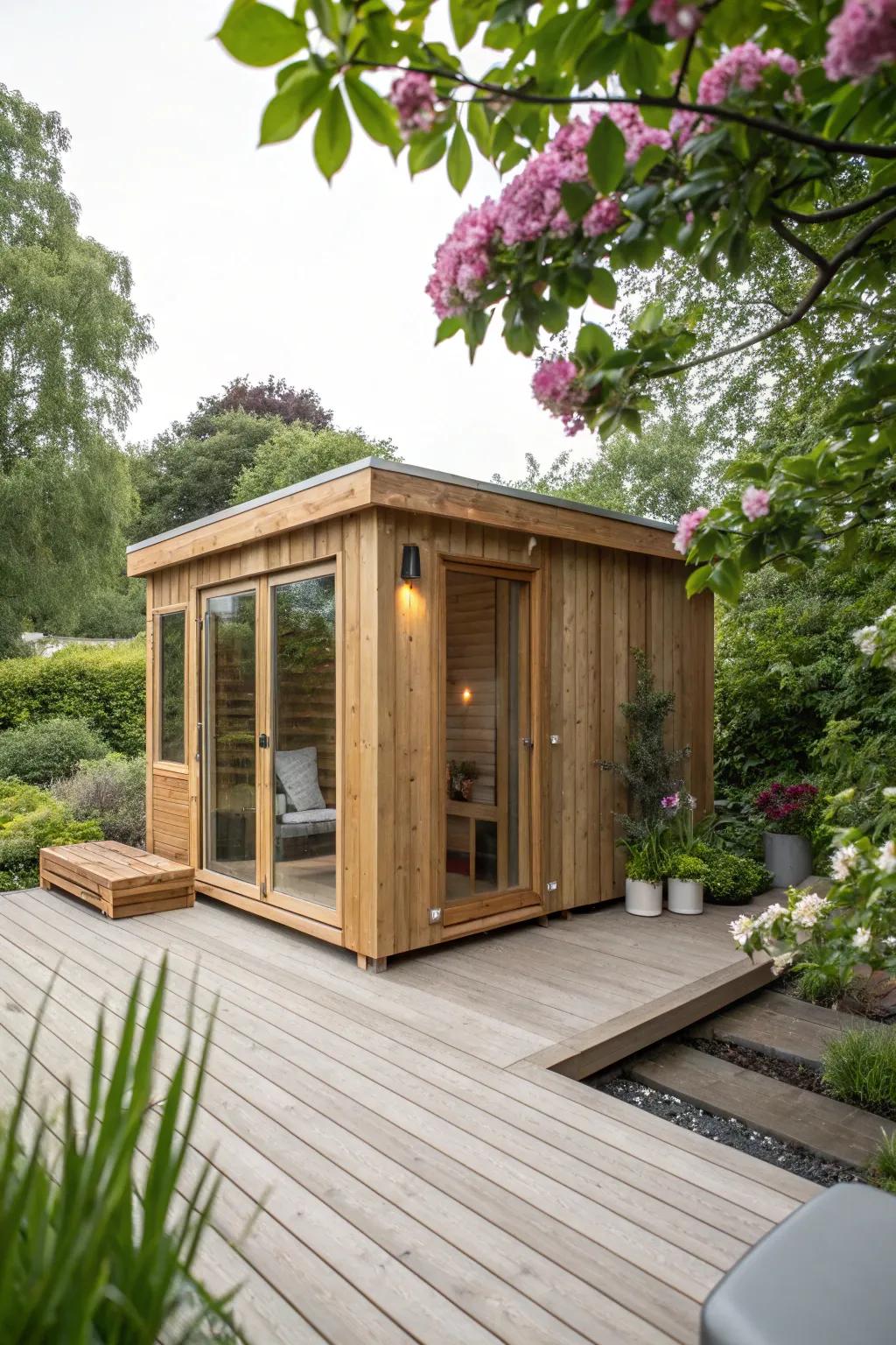 Standalone sauna cabins make a stunning focal point on your deck.