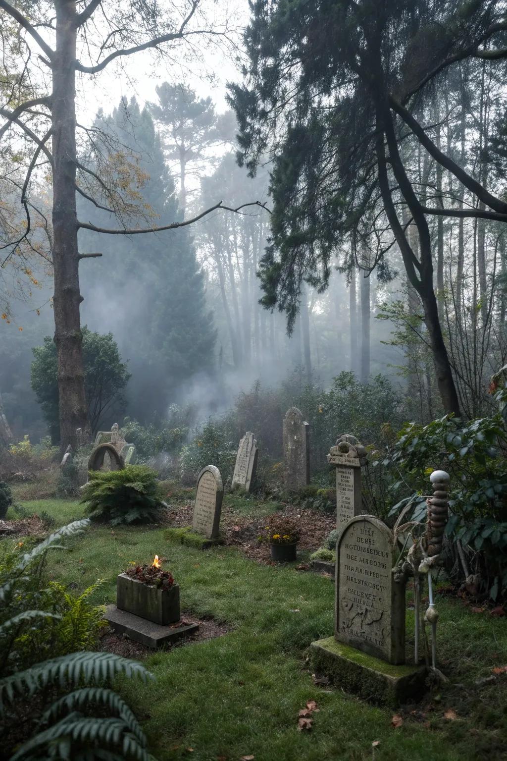 A graveyard-themed garden adds a spooky touch to your landscape.