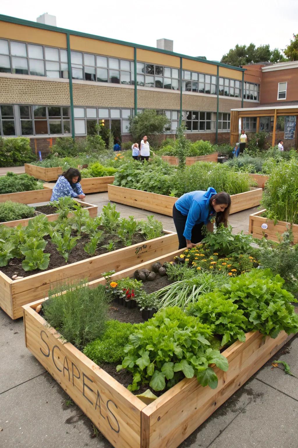 Raised beds in a school garden, filled with a variety of vegetables and herbs, ready for young gardeners.