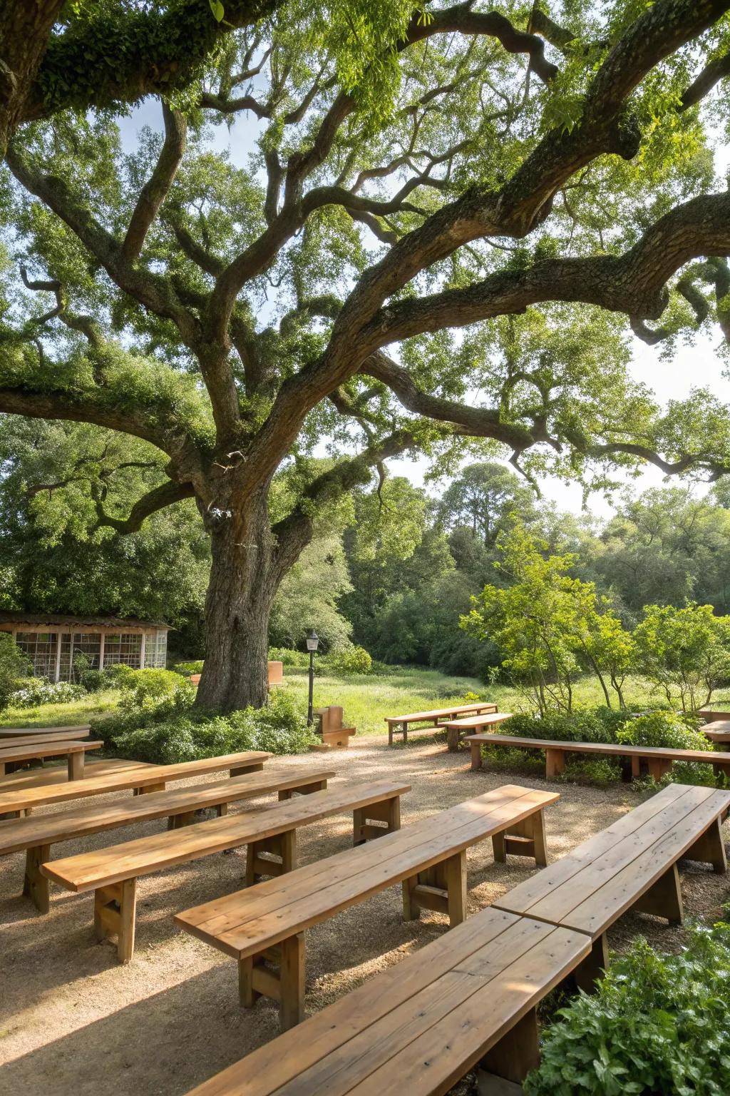 A serene outdoor classroom under the shade of a majestic oak tree.