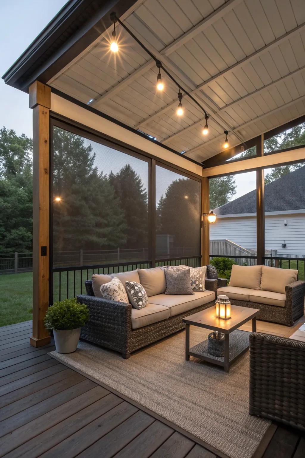 A carport transformed into a comfortable outdoor lounge area.