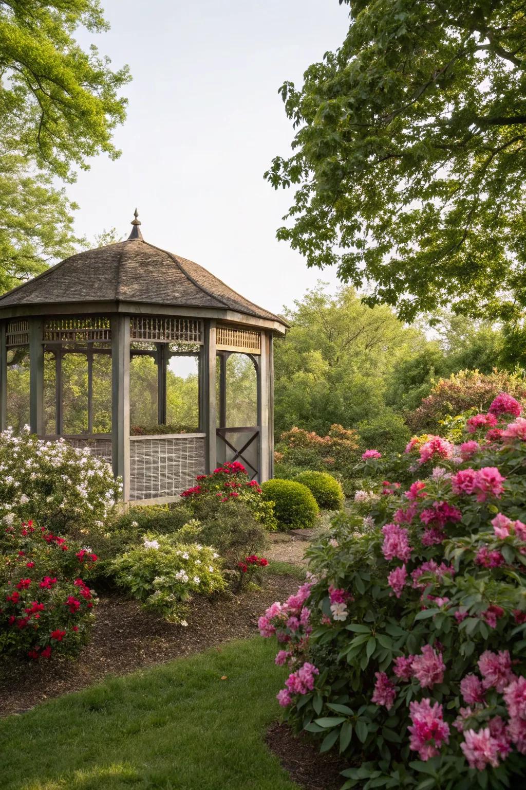 A garden oasis with a picturesque screened-in pavilion.
