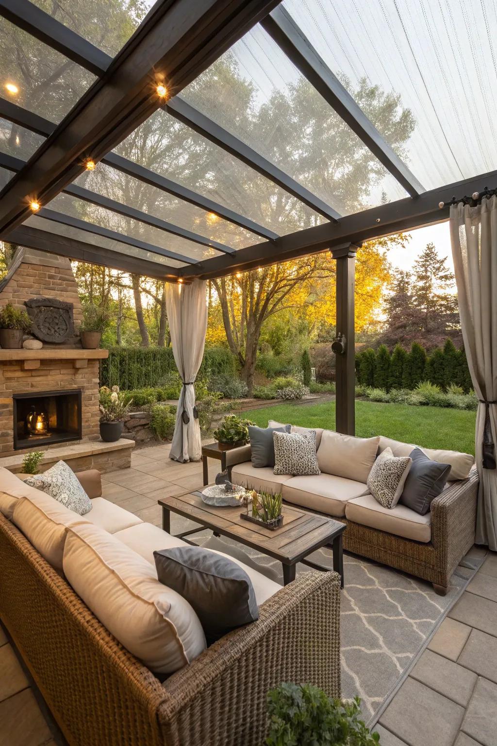 A cozy outdoor living room under a screened-in pergola, perfect for gatherings.