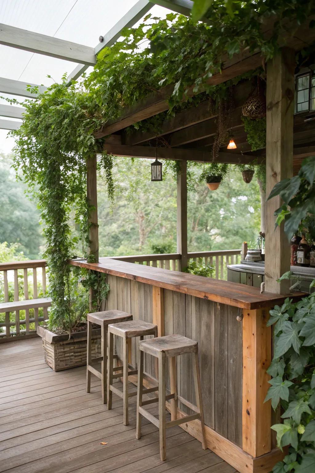 A rustic wood bar adds charm and warmth to any porch.