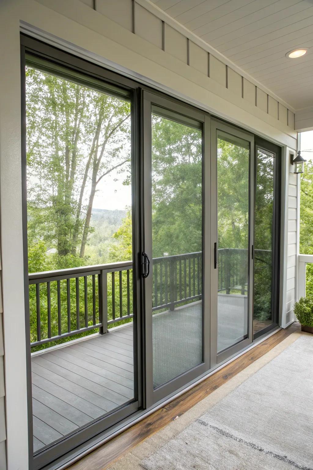 Sleek and space-saving sliding screen doors for a modern porch look.