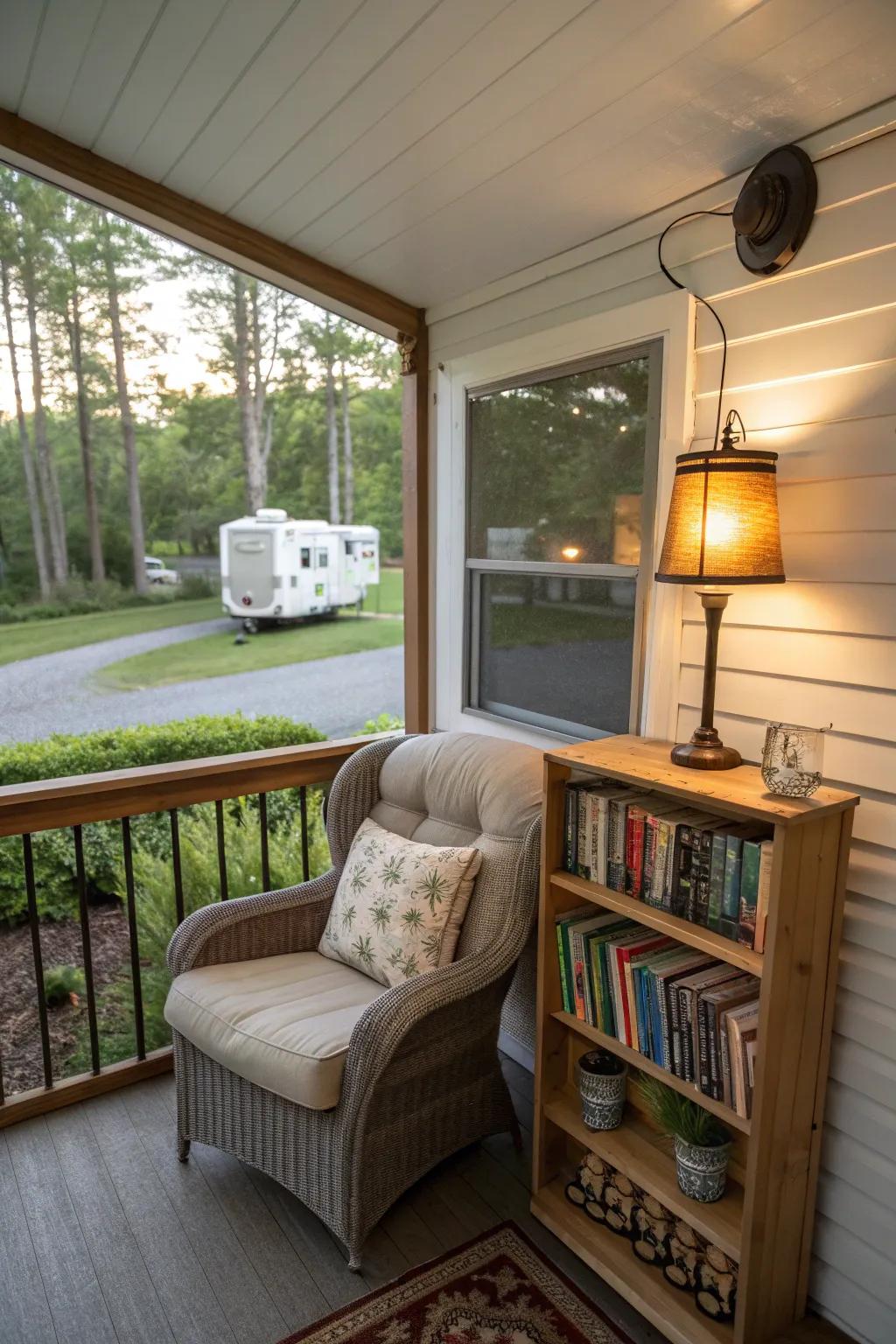 Your perfect reading nook awaits on your screened-in porch.
