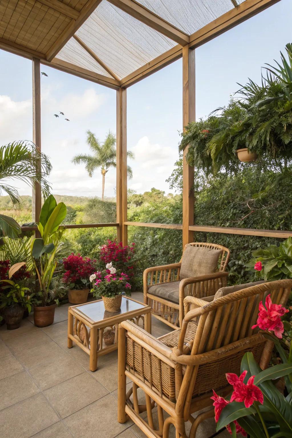 A tropical-themed screened patio with bamboo accents.