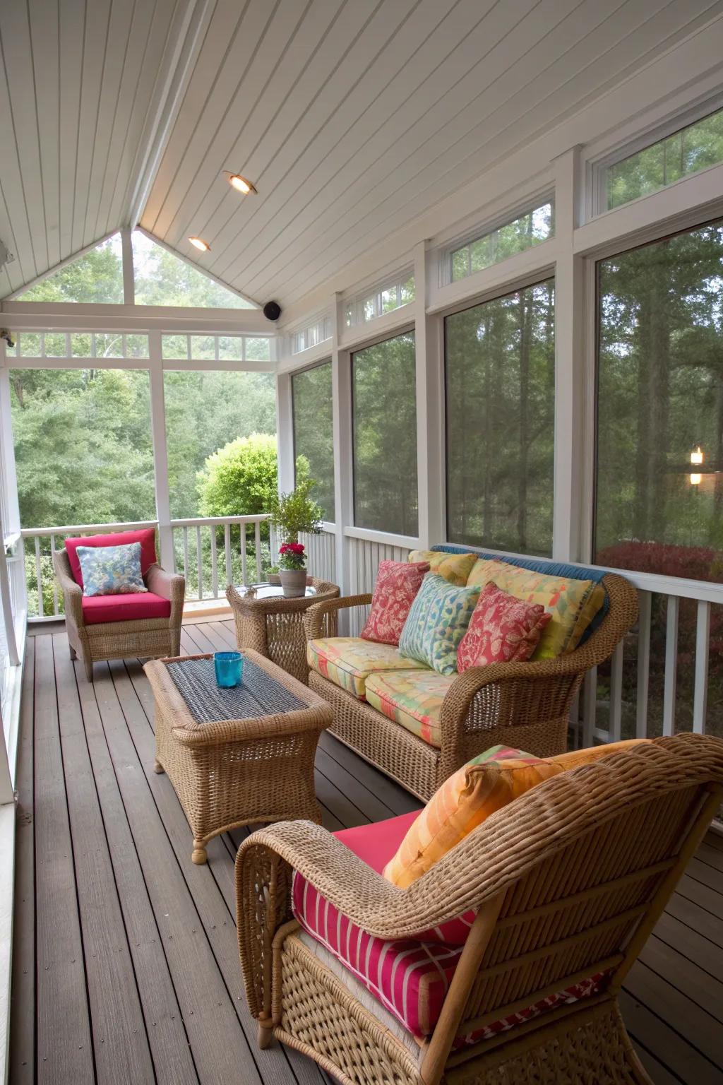 Wicker furniture paired with vibrant cushions for a cozy feel.