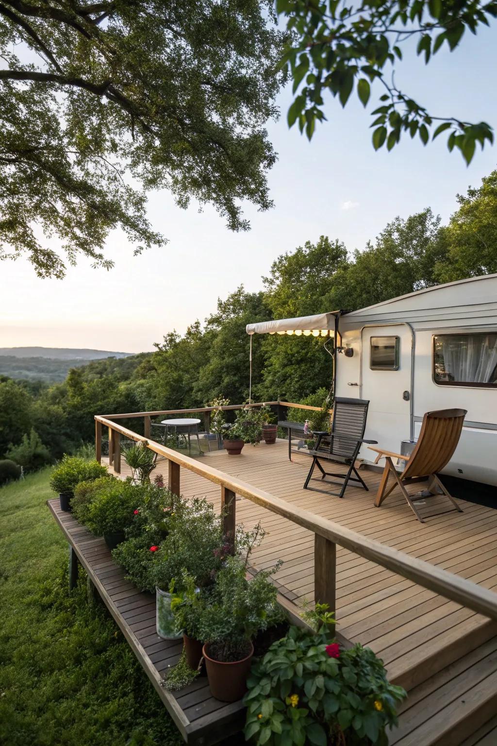 An elevated wooden camper deck with comfortable seating and greenery.