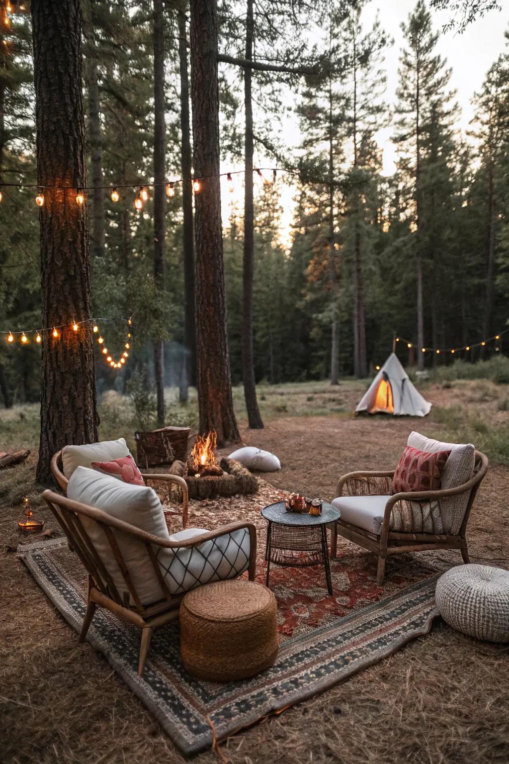 An inviting campsite living room with seating and decor.