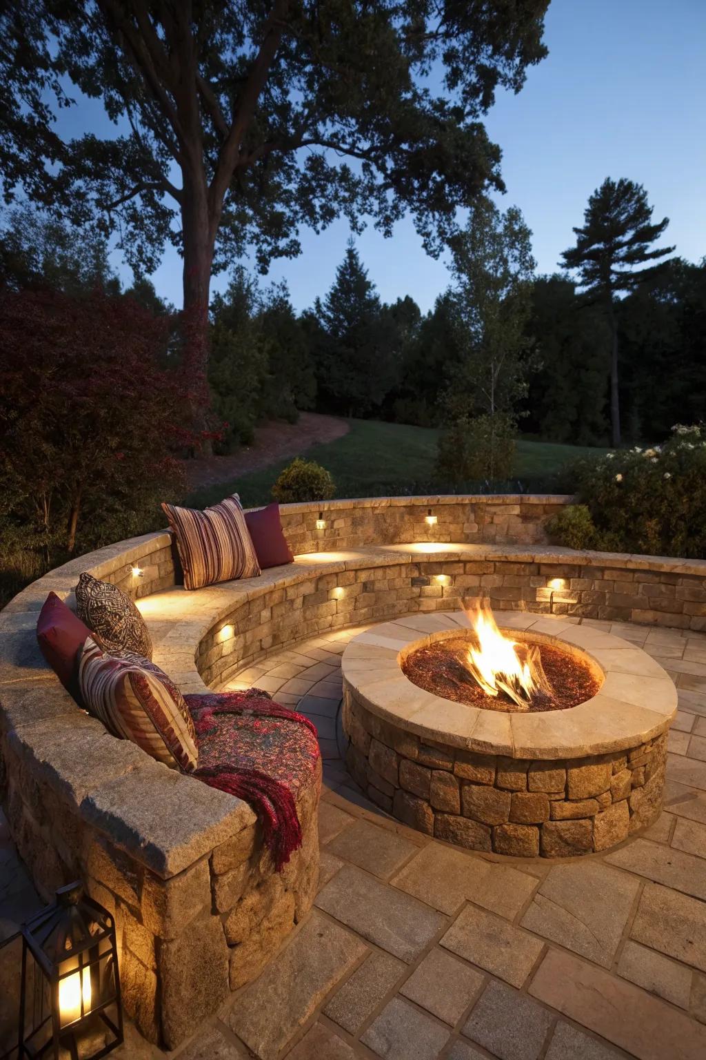 Circular seating wall around a fire pit, perfect for socializing.