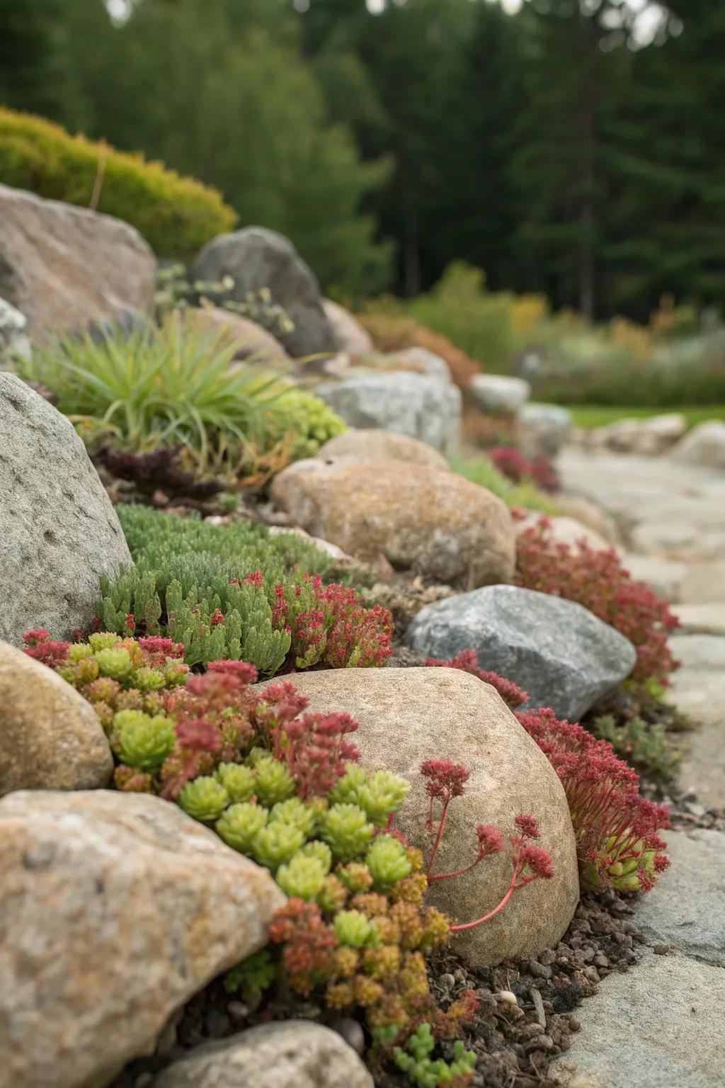 Sedum nestled perfectly in a rock garden setting.
