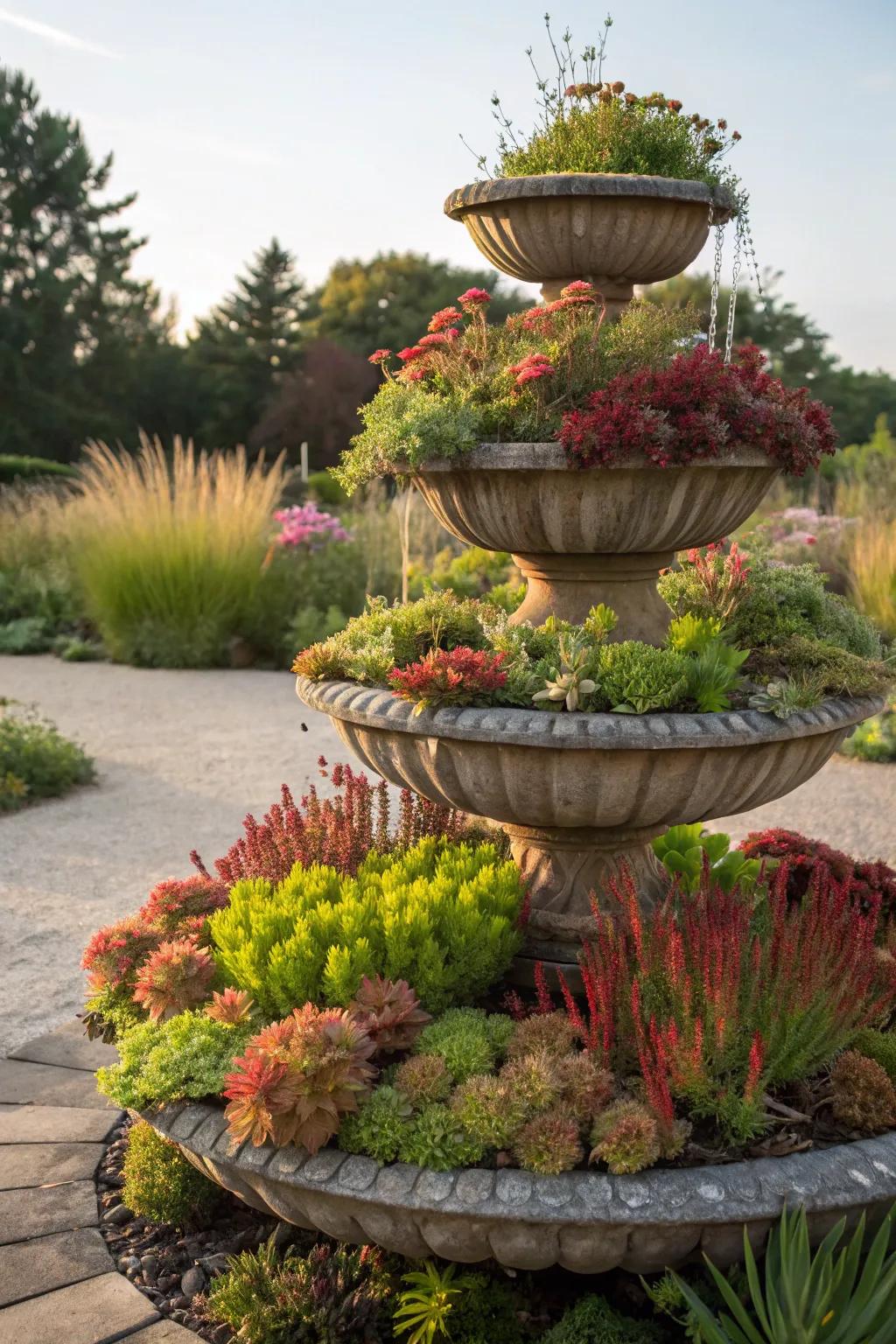 Tiered sedum planters bring vertical interest and vibrant color to any garden.