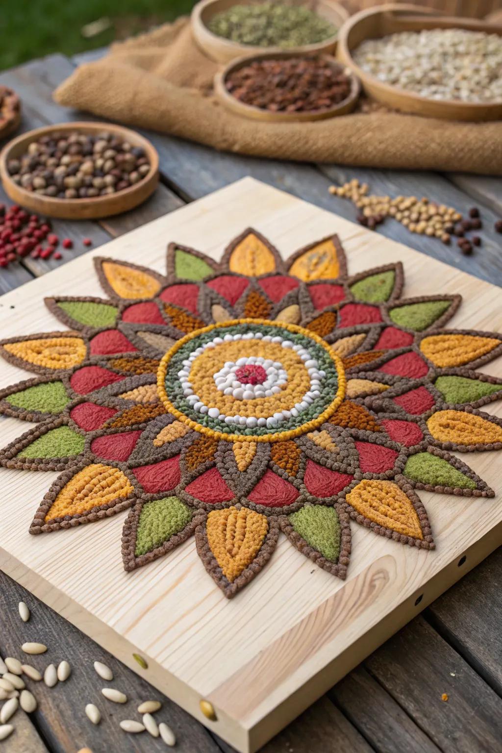A mesmerizing seed mandala that adds natural beauty to any room.