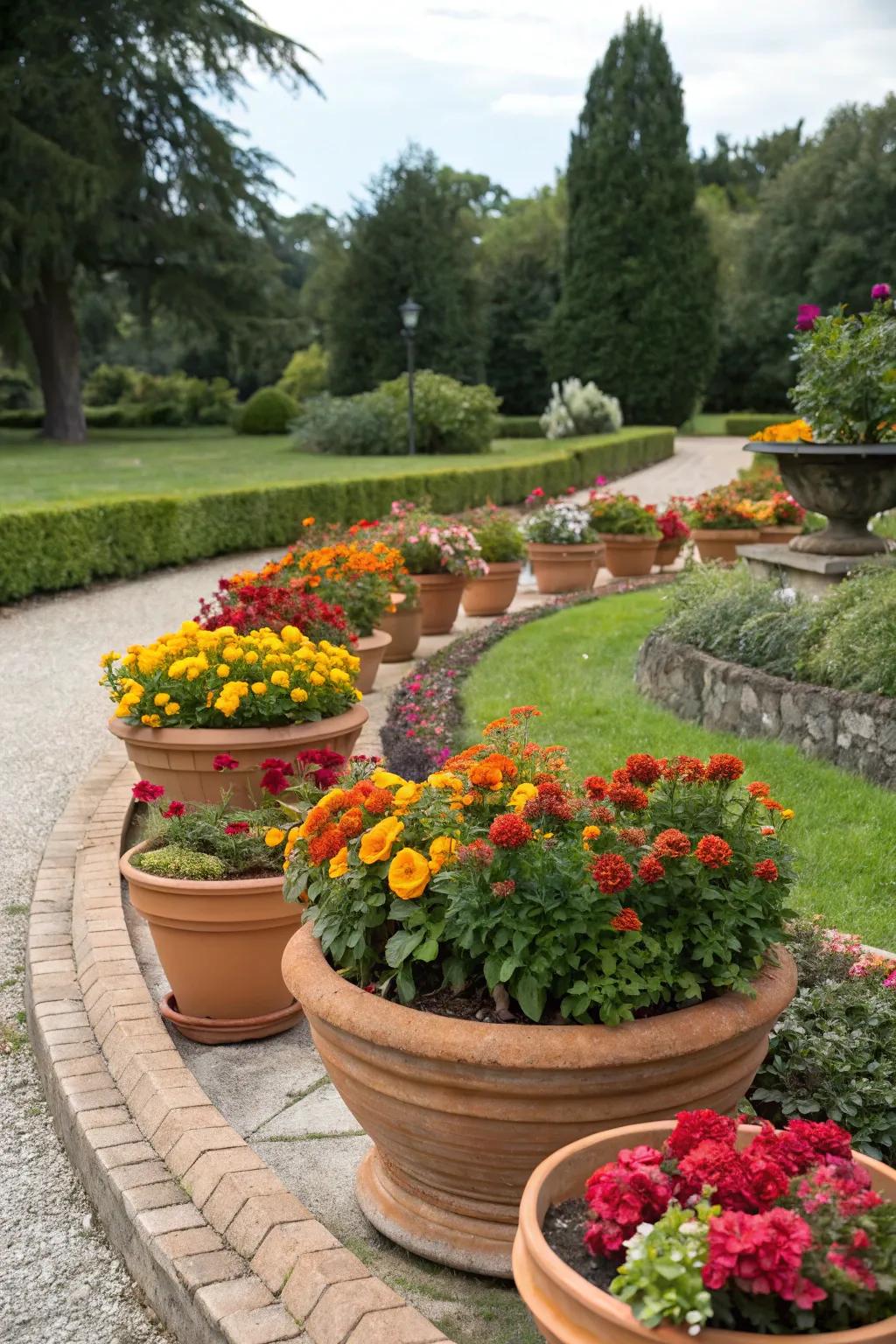 Terracotta pots arranged in a semi-circle filled with vibrant blooms.