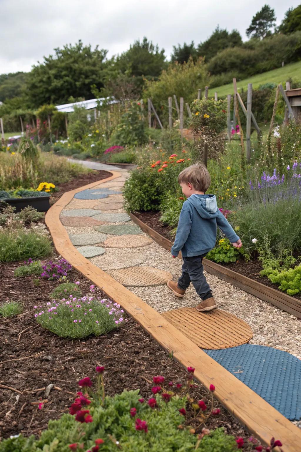 A child explores a textured garden path, feeling different materials underfoot.