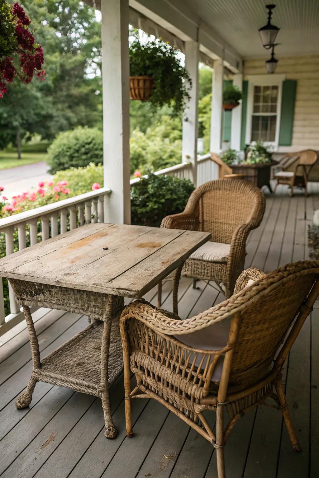 Wicker chairs and a rustic table set the stage for a shabby chic porch.