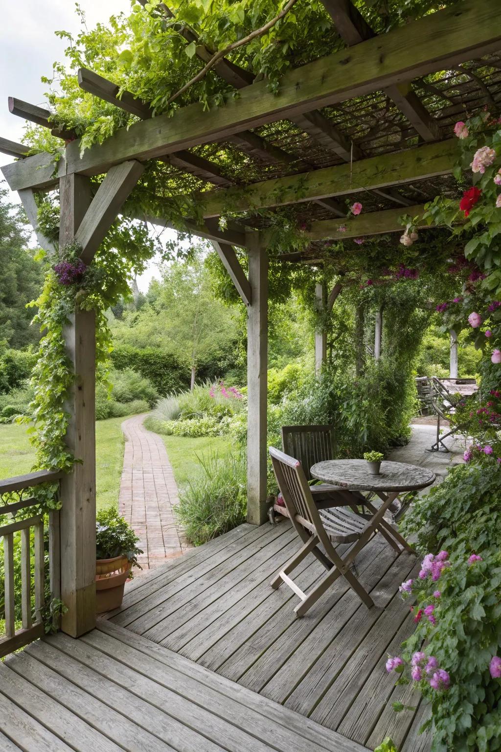 A pergola with lush greenery offers both shade and beauty.