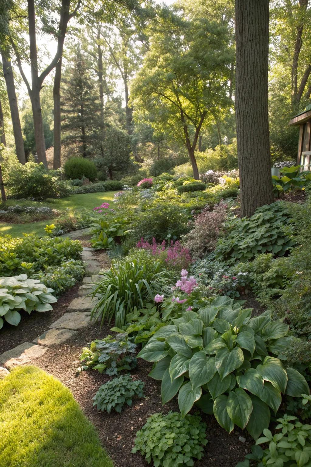 A beautifully layered shade garden with varied plant heights.