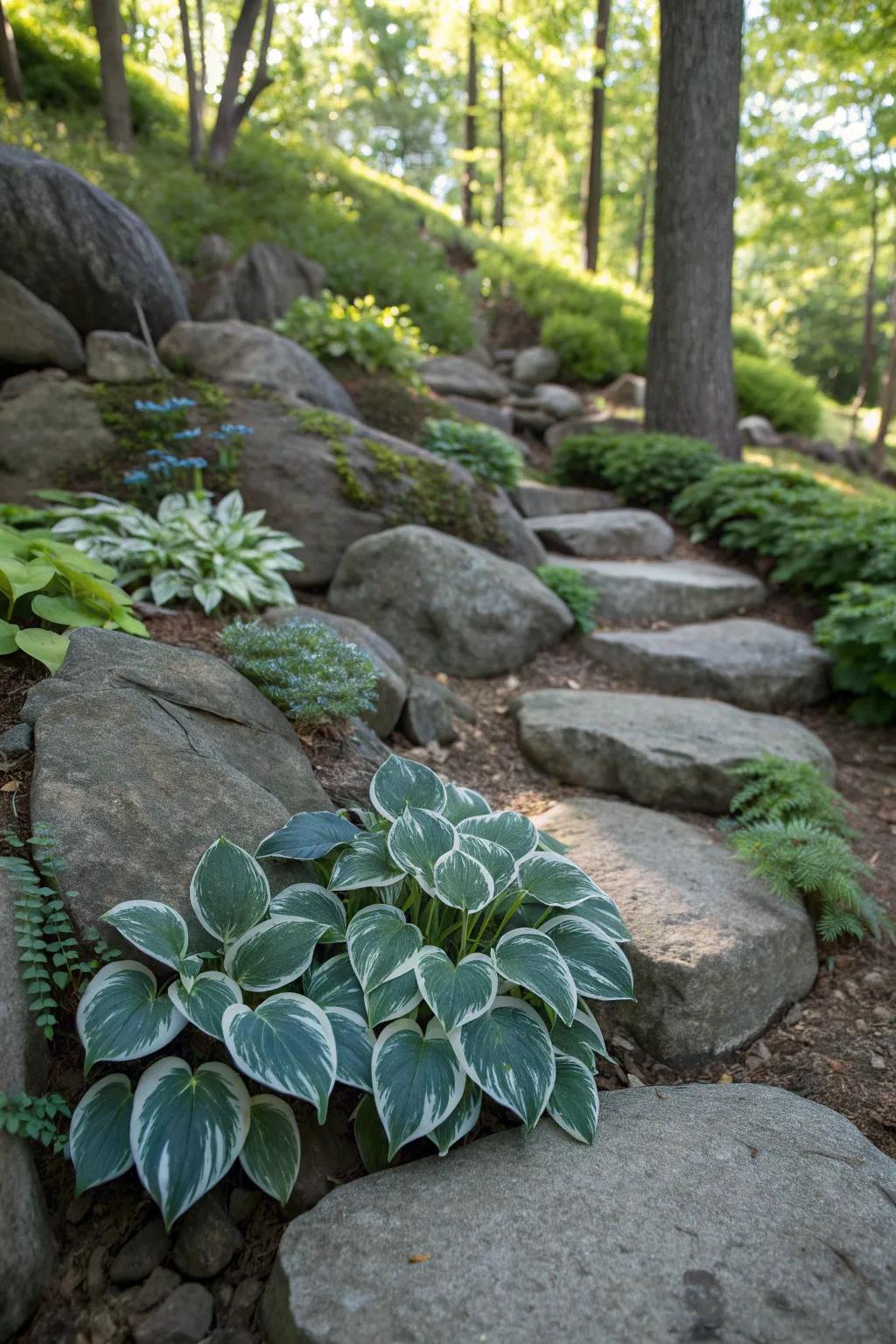Miniature hostas add a burst of color among the rocks.