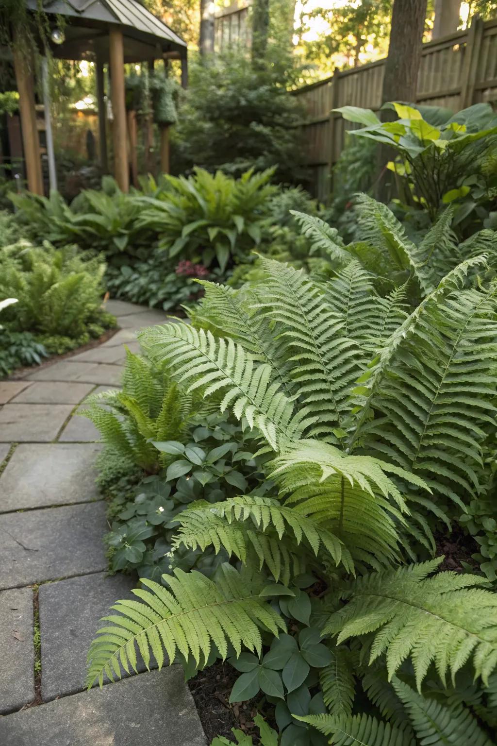 Ferns thrive in shaded areas, adding lush greenery.