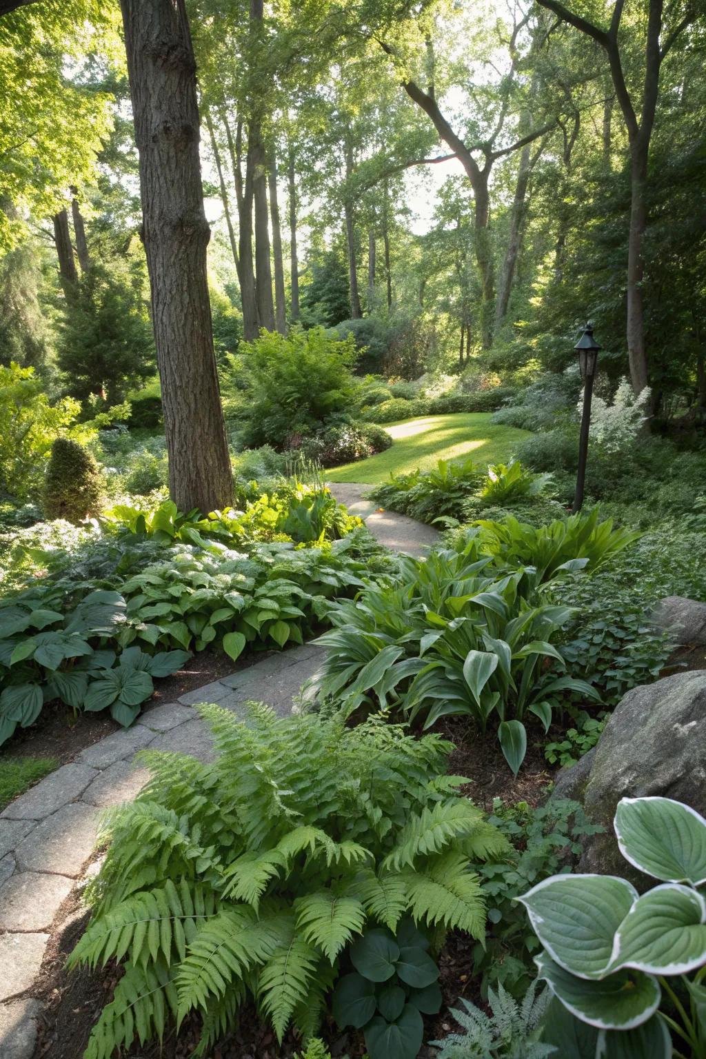 A lush garden oasis with diverse foliage in the shade.