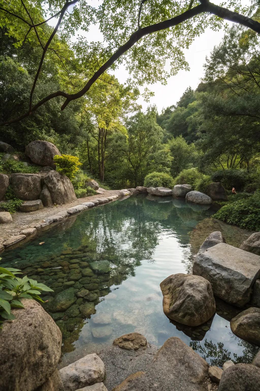 A natural oasis with a shallow pool surrounded by rocks and greenery.