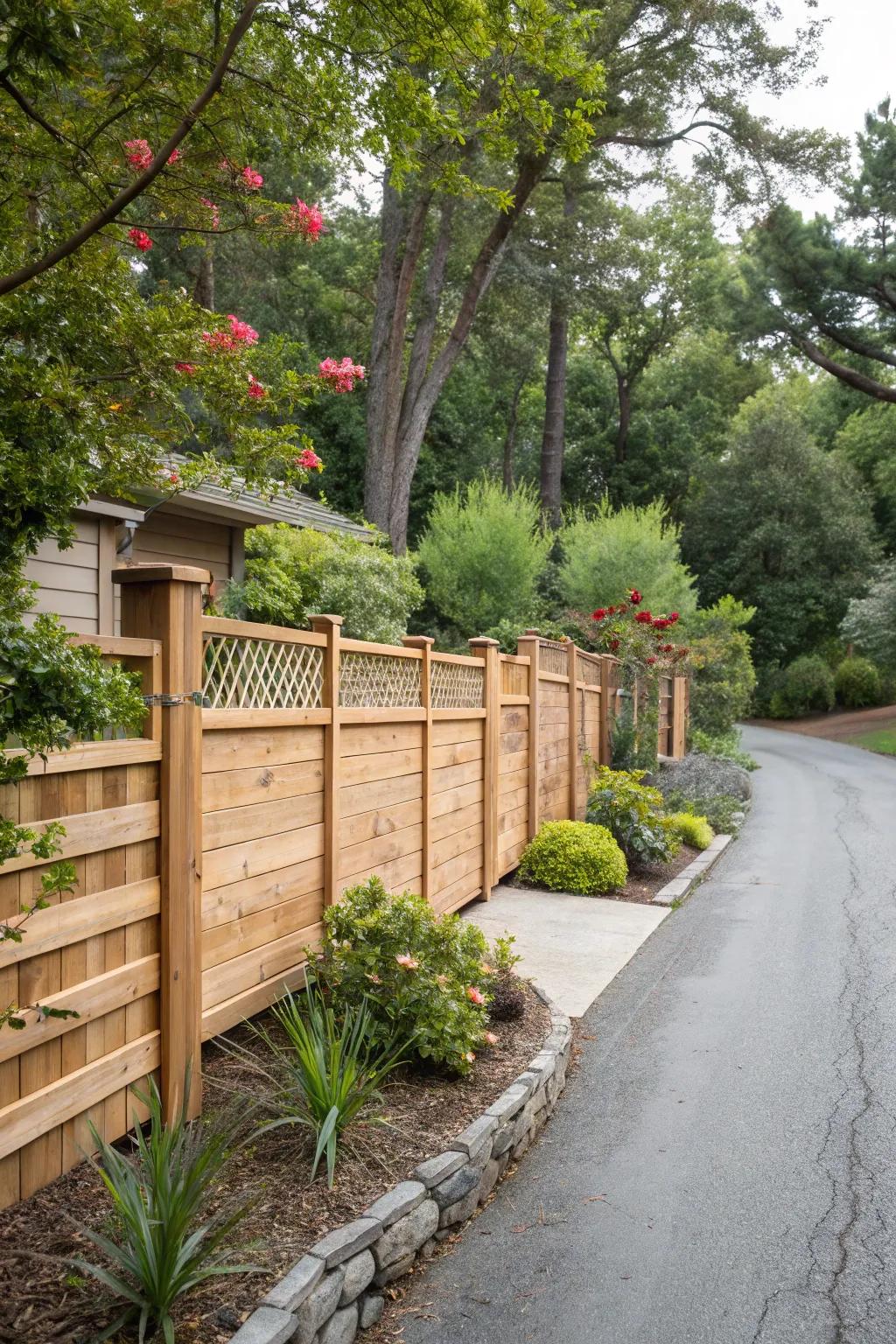 A classic wooden fence elegantly divides this shared driveway.