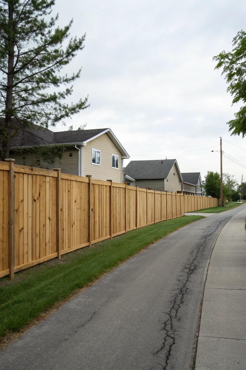 A tall wooden fence adds both privacy and elegance to a shared driveway.