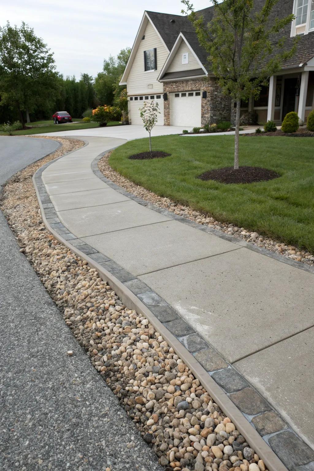 A stylish blend of gravel and concrete adds character to a shared driveway.