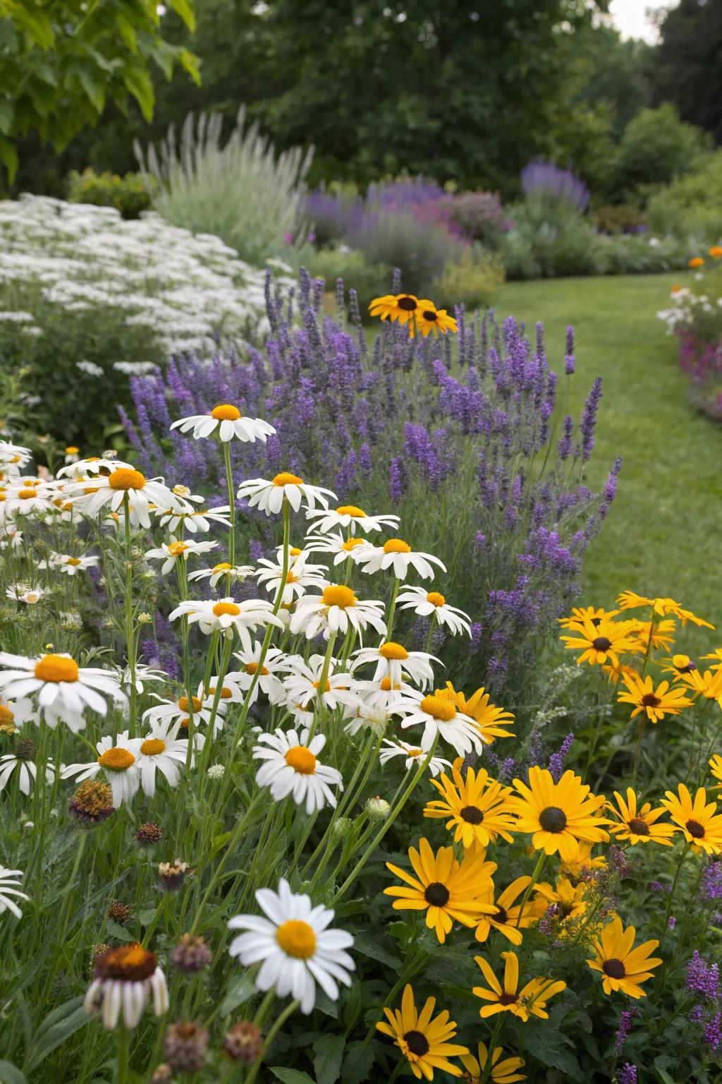 A colorful mixed flower bed featuring Shasta daisies and other vibrant blooms.