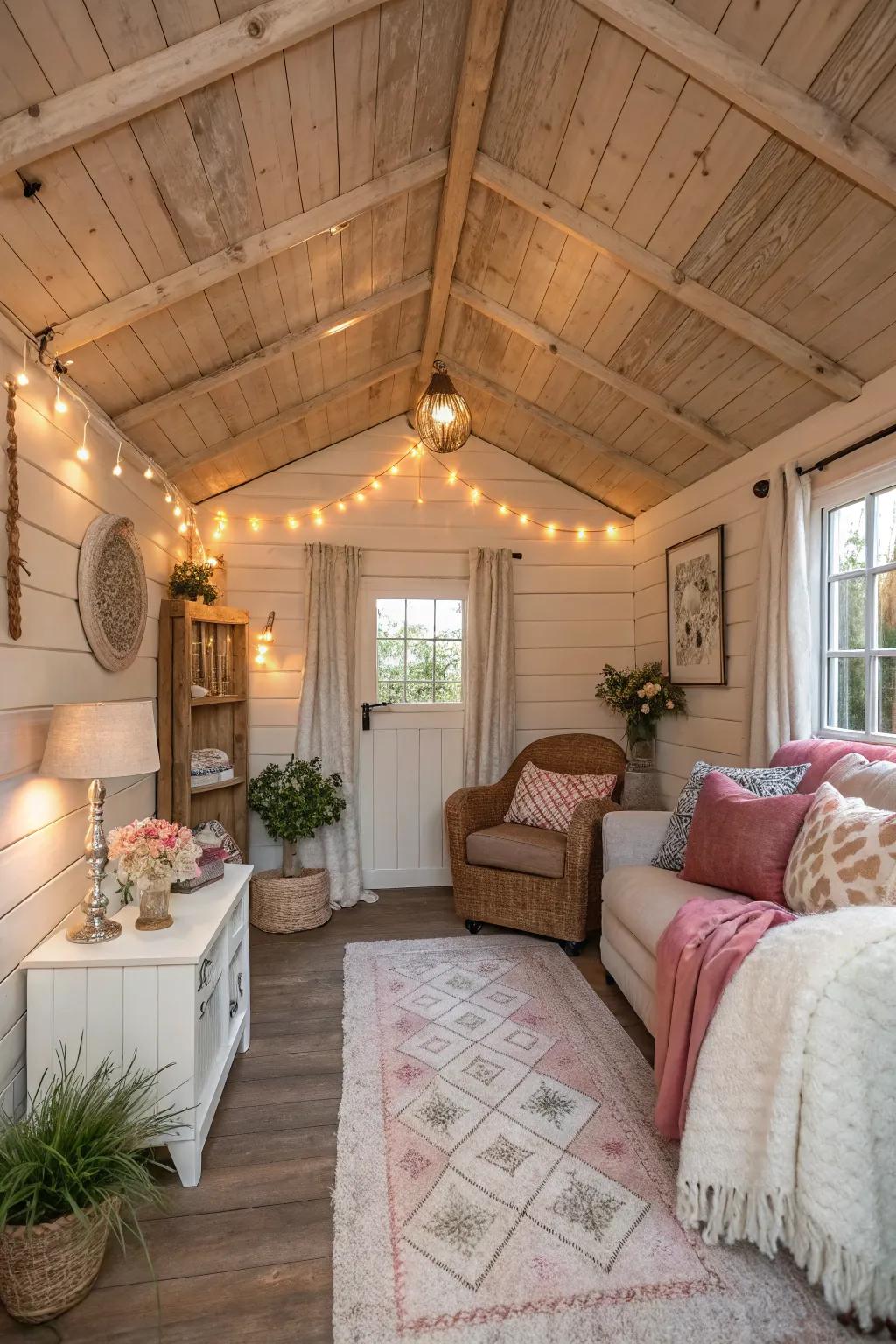 A cozy she shed featuring a rustic wood panel ceiling.