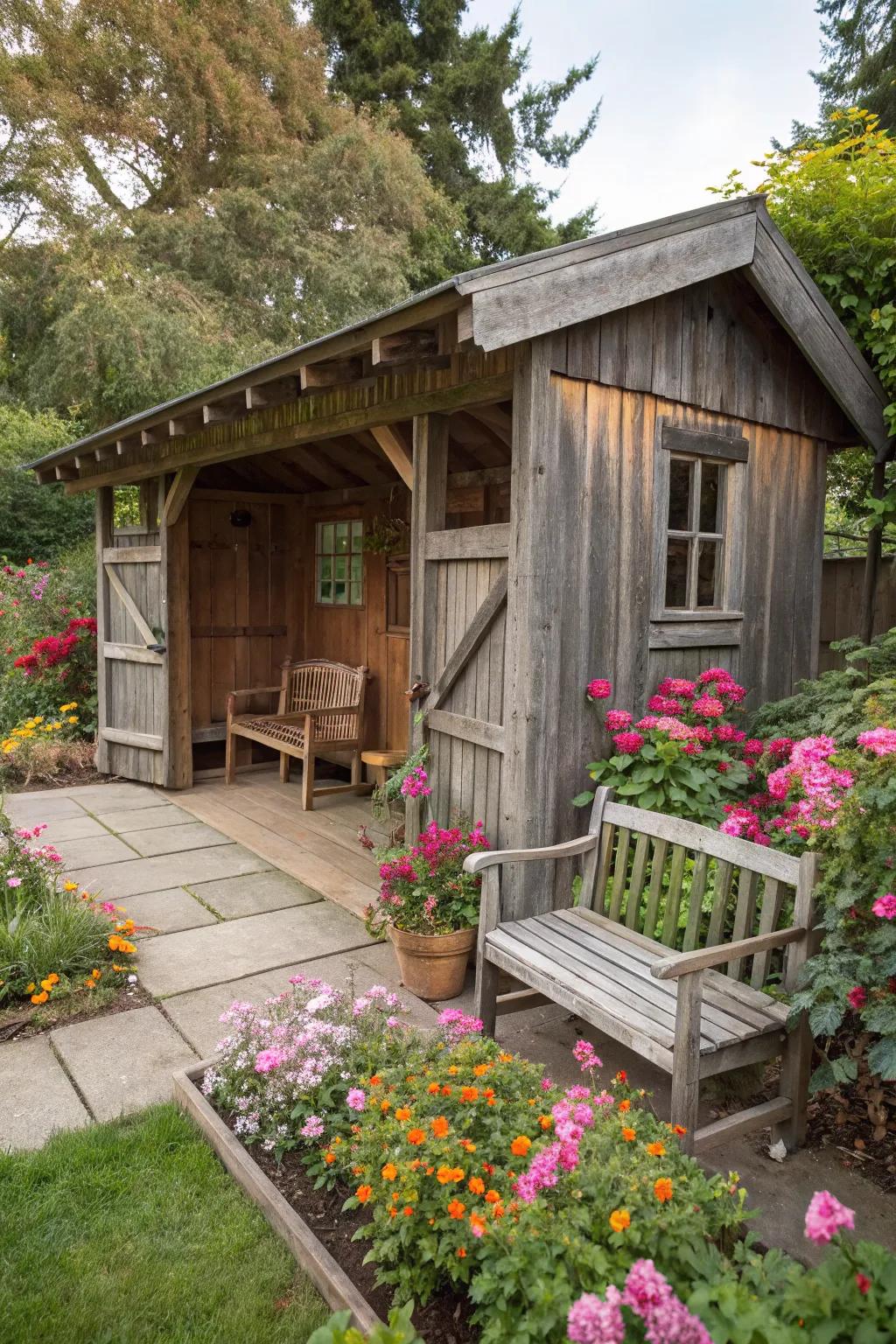 A classic wooden overhang that complements the natural beauty of the garden.