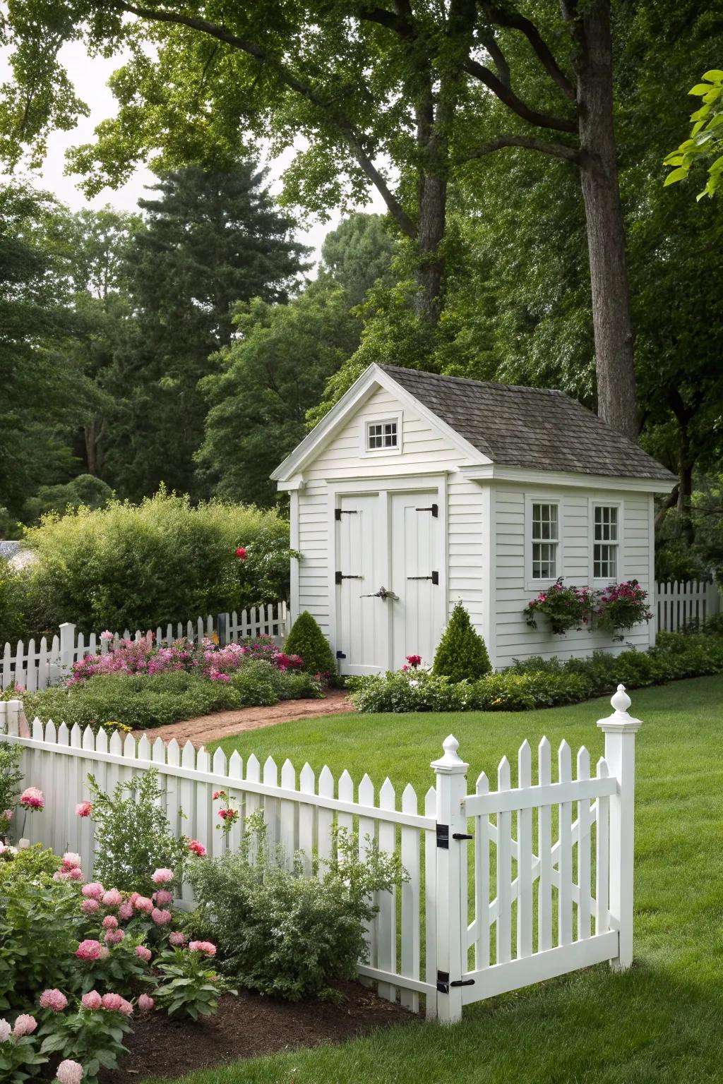 A classic white shed adds elegance to any garden.