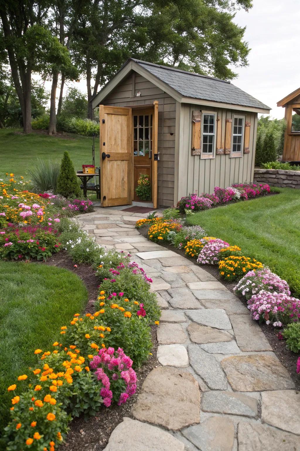 A shed elegantly integrated into a vibrant garden setting.
